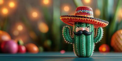 Colorful cactus wearing a sombrero and mustache celebrates a festive atmosphere with lights and decorations photo