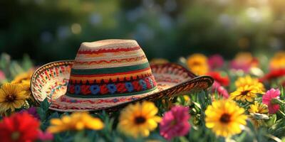 Colorful sombrero resting on vibrant flowers during a sunny afternoon in a blooming garden photo