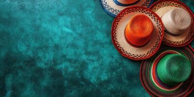 Colorful sombreros arranged artistically on a textured green background showcasing traditional design elements and vibrant textures photo
