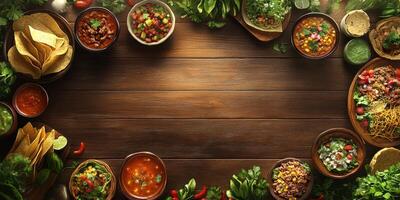 Colorful array of traditional dishes and ingredients arranged on a wooden table for a festive gathering photo