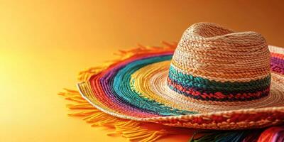 Colorful woven sombrero resting on a warm orange background showcasing traditional craftsmanship and vibrant hues photo