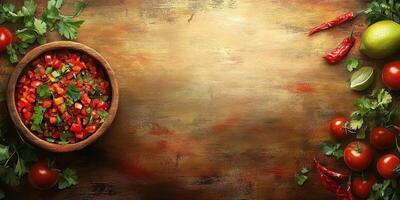Fresh ingredients for a vibrant salsa preparation on a rustic wooden surface photo