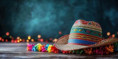 Brightly colored straw hat with floral garland on wooden surface and soft bokeh lights in background photo