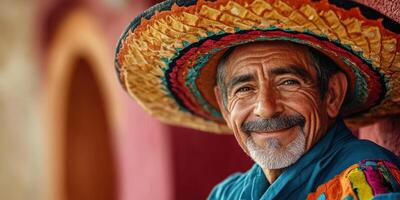 mayor hombre con vistoso sombrero sonrisas calurosamente, exhibiendo cultural patrimonio y tradicion en vibrante ajuste foto