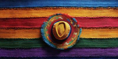 Colorful sombrero resting on vibrant woven textile creates a festive atmosphere suitable for celebrations photo
