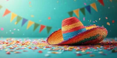 Colorful sombrero rests on a vibrant party backdrop filled with confetti and festive decorations photo