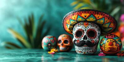 Colorful sugar skulls and decorations celebrate the Day of the Dead in a vibrant, tropical setting photo