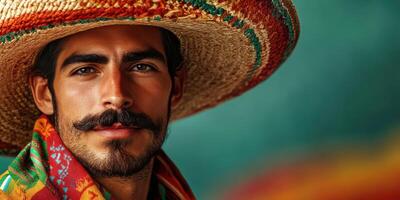 Charismatic man wearing a sombrero and colorful scarf poses against a vibrant background in a festive atmosphere photo