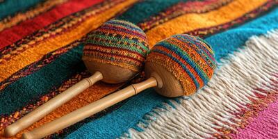 Colorful handmade maracas placed on a vibrant woven textile showcasing traditional craftsmanship and design photo