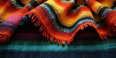 Colorful woven textiles displayed with intricate patterns and vibrant hues in a cozy setting photo