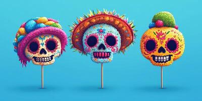 Colorful sugar skulls on display for celebration during Day of the Dead festivities in vibrant cultural setting photo