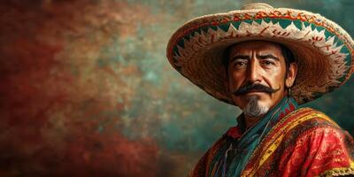 Man in traditional attire with a large sombrero, showcasing cultural heritage in a colorful backdrop photo