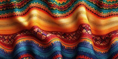 Colorful textile fabric with intricate patterns and rich hues displayed in various wavy lines photo