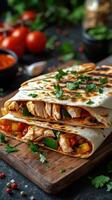 Delicious grilled chicken wraps with fresh vegetables on a rustic wooden board photo