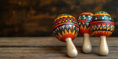 Colorful wooden maracas with intricate designs on a rustic wooden surface in a creative setting photo