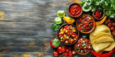 Colorful assortment of fresh ingredients and dips for making tacos spread on rustic wooden table photo