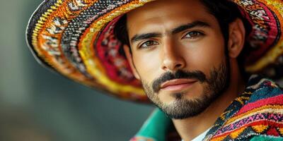 Handsome man wearing a traditional sombrero and colorful poncho posing outdoors with a confident expression photo