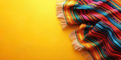 Colorful woven blanket draped on a bright yellow background in a cozy interior setting photo