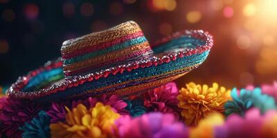 Colorful sombrero surrounded by vibrant flowers at a festive celebration in a lively setting photo