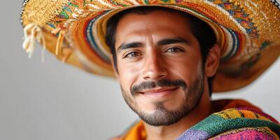 Smiling man wearing traditional hat and colorful attire in a warm setting photo