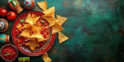 Colorful nachos with salsa and toppings arranged on a decorative plate with fresh tomatoes and bowls in a vibrant setting photo