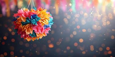 Colorful paper pom pom decoration hanging at a festive celebration with shimmering background photo