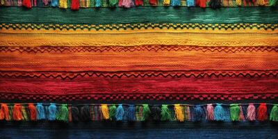 Colorful woven textile with vibrant patterns displayed prominently in a market setting photo