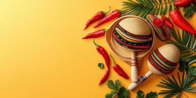 Colorful maracas and red chilies arranged with tropical greenery for a vibrant fiesta celebration photo