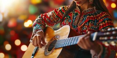 Colorful musician plays guitar at a festive gathering in a vibrant cultural setting photo