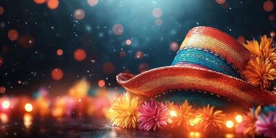 Colorful festive hat adorned with flowers set against a sparkling background during a celebration photo