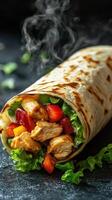 Delicious grilled chicken wrap with fresh vegetables served on a dark background photo