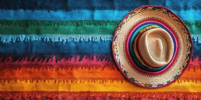 Brightly colored woven blanket with a traditional straw hat on display in a vibrant setting photo