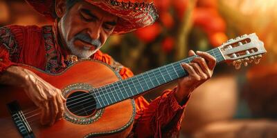 Musician playing guitar in traditional attire during sunset in vibrant floral setting photo