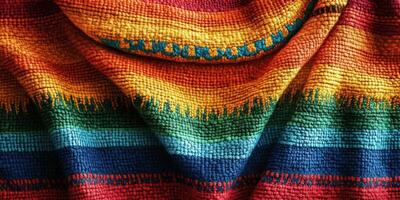 Vibrant textile displaying rich patterns and bold colors with intricate weave techniques showcasing traditional craftsmanship photo