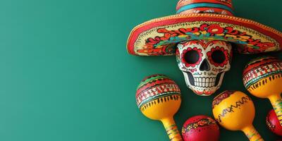 Colorful skeleton skull with sombrero and maracas for celebration decoration and festivity photo