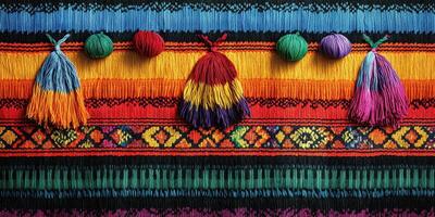 Brightly colored woven fabric displaying vibrant patterns and decorative tassels created in a textile workshop photo