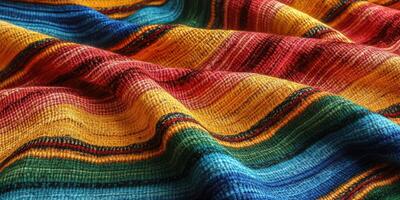 Colorful woven fabric showcasing vibrant stripes in red, yellow, blue, and green with intricate textures photo