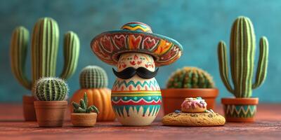 Colorful decorative figurine with sombrero surrounded by cacti and a cookie in a vibrant tabletop display photo
