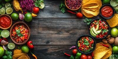 Colorful spread of fresh ingredients and dishes at a vibrant taco party in a rustic setting photo