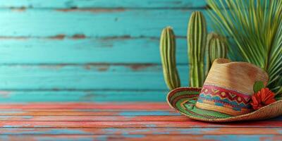 Brightly colored sombrero on a rustic wooden table surrounded by cacti in a vibrant turquoise setting enhances festive atmosphere photo