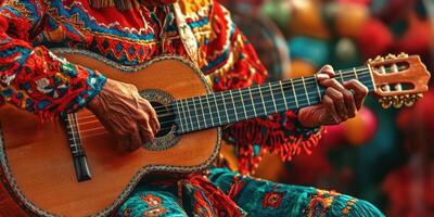 Elderly musician performs traditional music while playing guitar in colorful attire at cultural festival photo