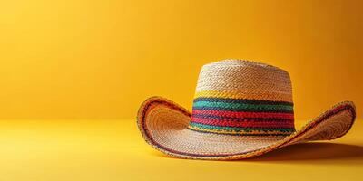 Colorful straw hat on a bright yellow background showcasing traditional design and vibrant stripes, perfect for festive occasions or sunny days photo