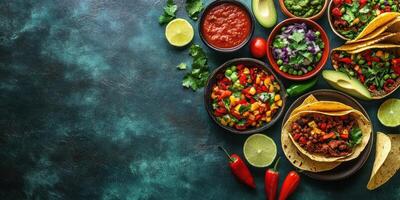 Flavorful spread of tacos and fresh salsas arranged on a vibrant table ready for a festive gathering photo