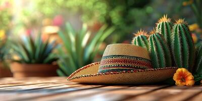Traditional straw hat resting beside cacti and a flower at a sunny outdoor setting photo