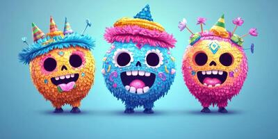 Brightly colored cartoon characters with festive hats and expressive faces celebrate together photo