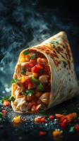 Exquisite tortilla wrap filled with grilled chicken and fresh vegetables on a dark background photo