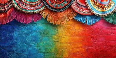 Colorful wall tapestry showcasing vibrant textiles and a bright rainbow background in a lively setting photo