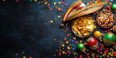 Colorful fiesta celebration with tortilla chips, salsa, and decorations on a dark background photo