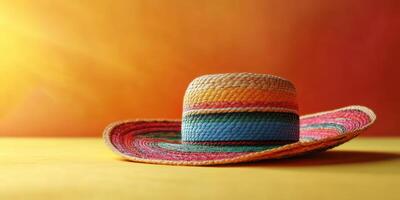 Colorful straw hat rests on a vibrant surface under warm light during a sunny afternoon photo