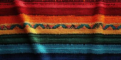 Colorful woven blanket displaying intricate patterns and vibrant hues on a textured surface photo